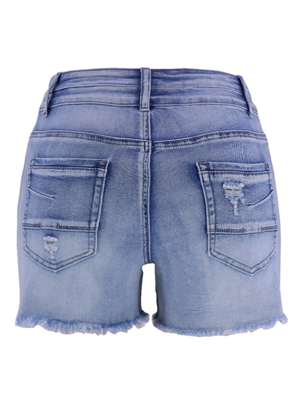 Blue Zone Planet | High Waist Two Button Ripped Denim Shorts-BOTTOMS SIZES SMALL MEDIUM LARGE-[Adult]-[Female]-2022 Online Blue Zone Planet