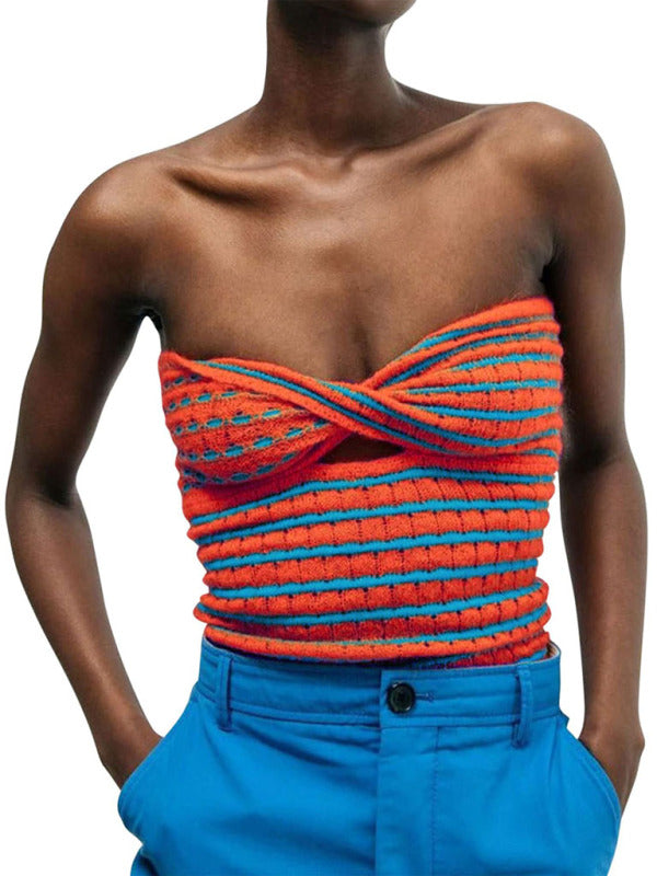 Blue Zone Planet | Vacation Striped Sweater Knit Bandeau Tank Top BLUE ZONE PLANET