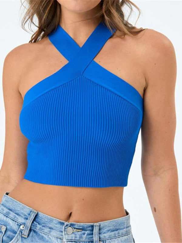 Blue Zone Planet |  New style cross hanging neck strap small vest knitted backless bandage tube top sweater BLUE ZONE PLANET