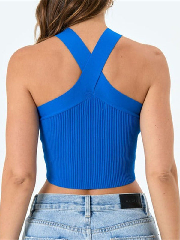 Blue Zone Planet |  New style cross hanging neck strap small vest knitted backless bandage tube top sweater BLUE ZONE PLANET