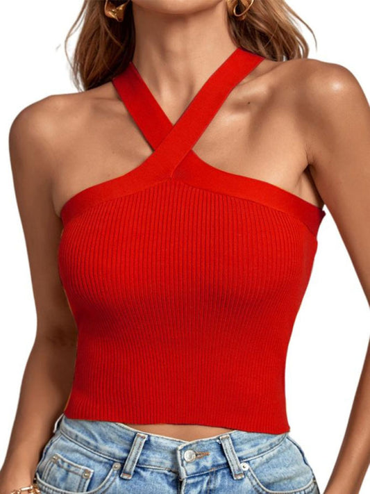 Blue Zone Planet |  New style cross hanging neck strap small vest knitted backless bandage tube top sweater BLUE ZONE PLANET