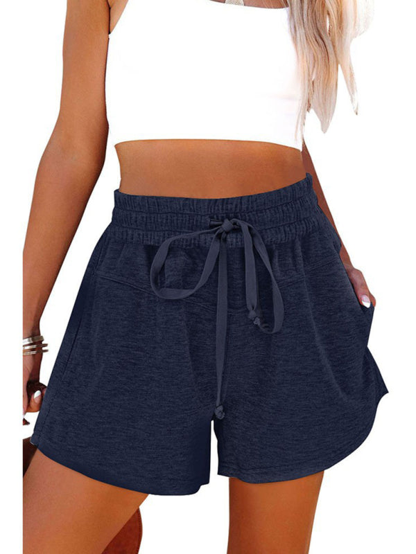 Lace-Up Casual Pocket Solid Color Shorts Ladies Sweat Shorts-[Adult]-[Female]-Blue-S-2022 Online Blue Zone Planet