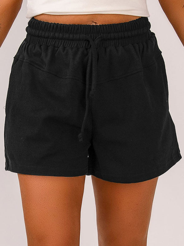 Lace-Up Casual Pocket Solid Color Shorts Ladies Sweat Shorts-[Adult]-[Female]-Black-S-2022 Online Blue Zone Planet