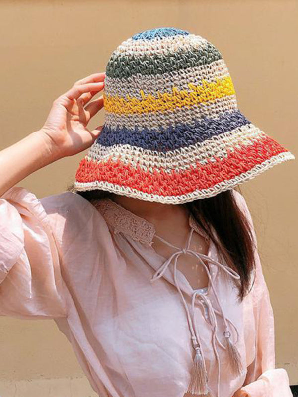 Blue Zone Planet | Braided straw hat rainbow fisherman hat big brim sun hat outdoor beach sun sun hat-TOPS / DRESSES-[Adult]-[Female]-Cream-FREESIZE-2022 Online Blue Zone Planet