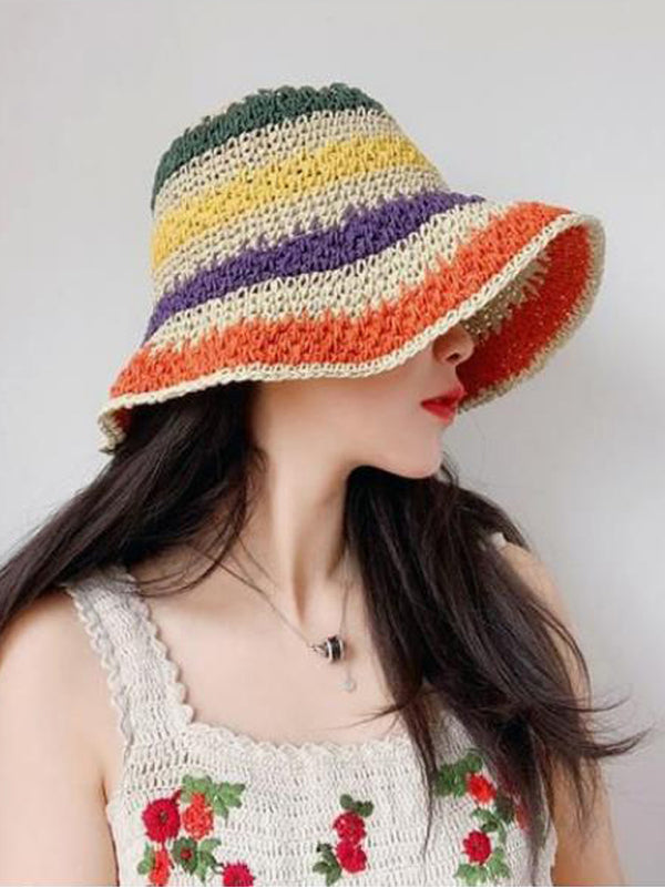 Blue Zone Planet | Braided straw hat rainbow fisherman hat big brim sun hat outdoor beach sun sun hat-TOPS / DRESSES-[Adult]-[Female]-2022 Online Blue Zone Planet