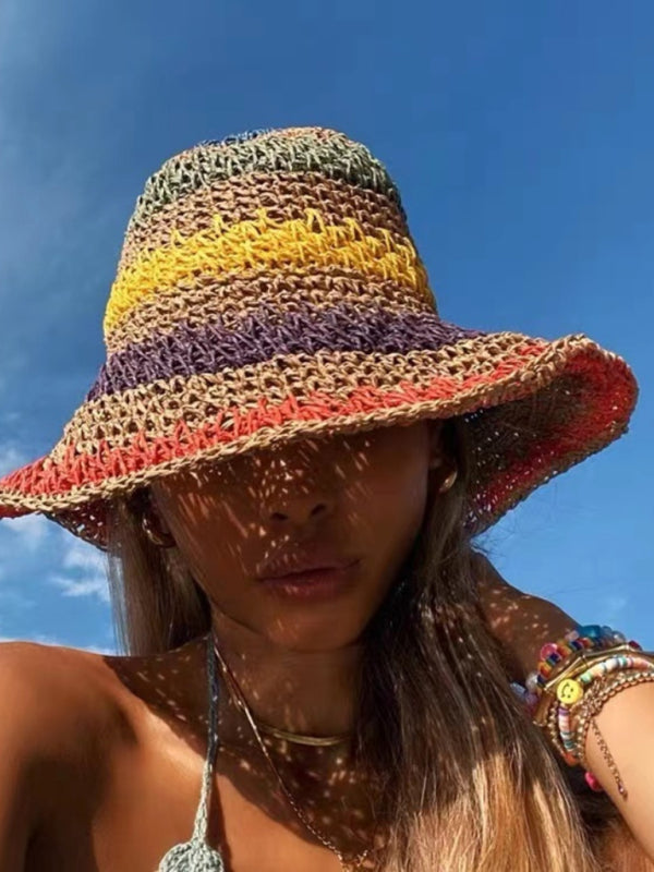 Blue Zone Planet | Braided straw hat rainbow fisherman hat big brim sun hat outdoor beach sun sun hat-TOPS / DRESSES-[Adult]-[Female]-Khaki-FREESIZE-2022 Online Blue Zone Planet