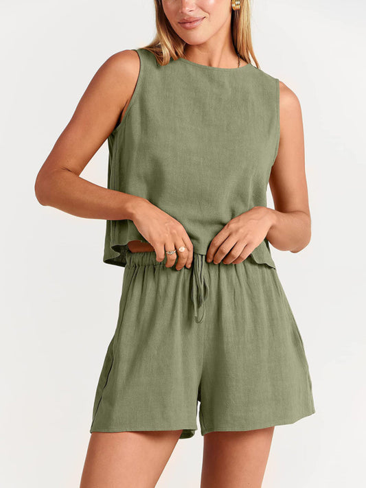 Women's woven solid color sleeveless loose cotton linen top shorts two-piece set-TOPS / DRESSES-[Adult]-[Female]-Olive green-S-2022 Online Blue Zone Planet