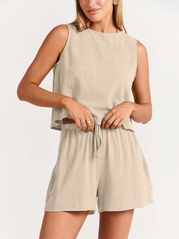 Women's woven solid color sleeveless loose cotton linen top shorts two-piece set-TOPS / DRESSES-[Adult]-[Female]-Cracker khaki-S-2022 Online Blue Zone Planet