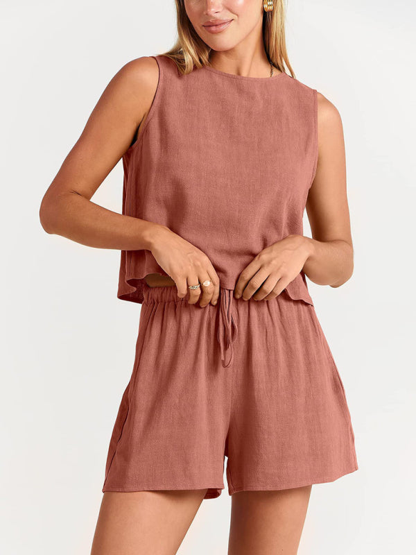 Women's woven solid color sleeveless loose cotton linen top shorts two-piece set-TOPS / DRESSES-[Adult]-[Female]-Brick red-S-2022 Online Blue Zone Planet