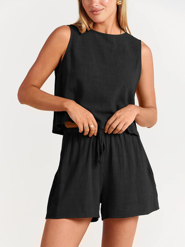 Women's woven solid color sleeveless loose cotton linen top shorts two-piece set-TOPS / DRESSES-[Adult]-[Female]-Black-S-2022 Online Blue Zone Planet