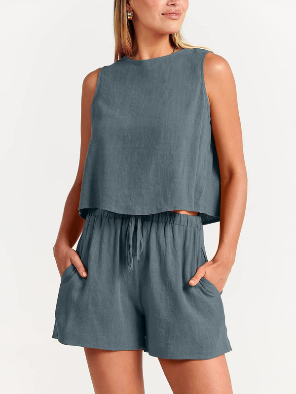 Women's woven solid color sleeveless loose cotton linen top shorts two-piece set-TOPS / DRESSES-[Adult]-[Female]-Charcoal grey-S-2022 Online Blue Zone Planet