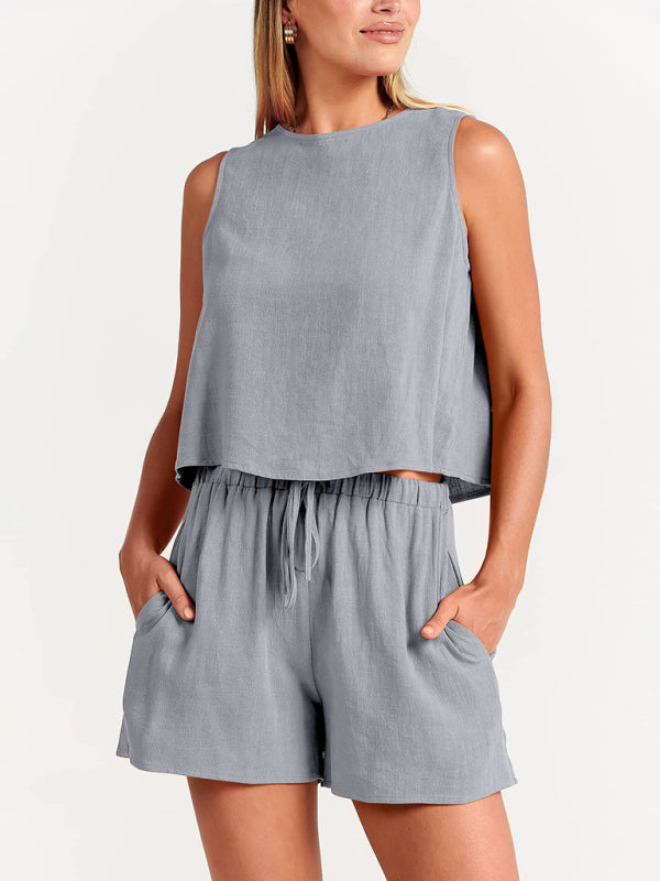 Women's woven solid color sleeveless loose cotton linen top shorts two-piece set-TOPS / DRESSES-[Adult]-[Female]-Grey-S-2022 Online Blue Zone Planet