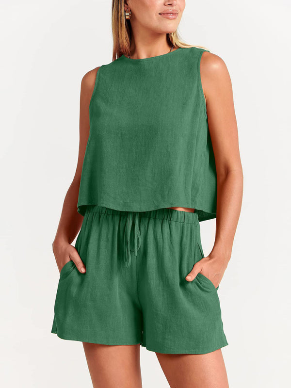 Women's woven solid color sleeveless loose cotton linen top shorts two-piece set-TOPS / DRESSES-[Adult]-[Female]-Green-S-2022 Online Blue Zone Planet