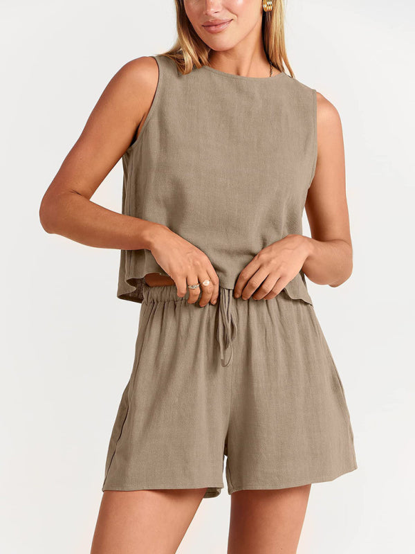 Women's woven solid color sleeveless loose cotton linen top shorts two-piece set-TOPS / DRESSES-[Adult]-[Female]-Khaki-S-2022 Online Blue Zone Planet