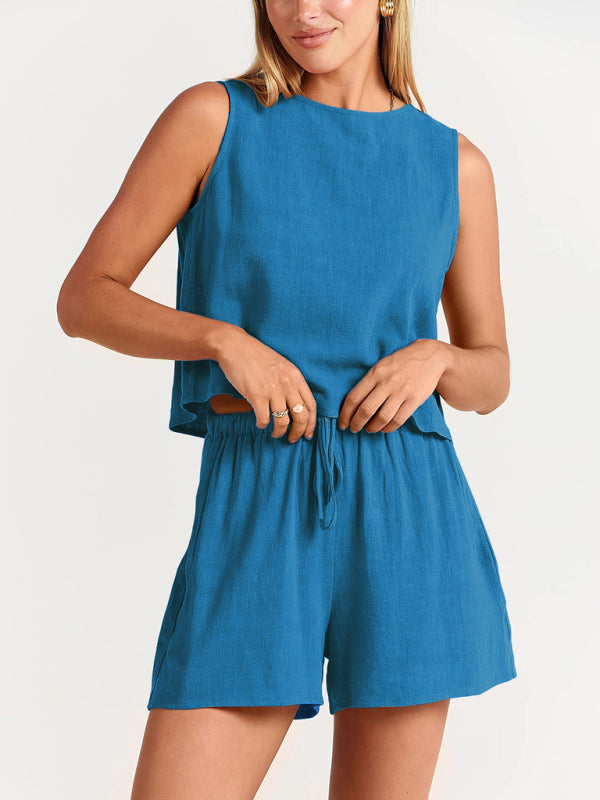 Women's woven solid color sleeveless loose cotton linen top shorts two-piece set-TOPS / DRESSES-[Adult]-[Female]-Acid blue-S-2022 Online Blue Zone Planet