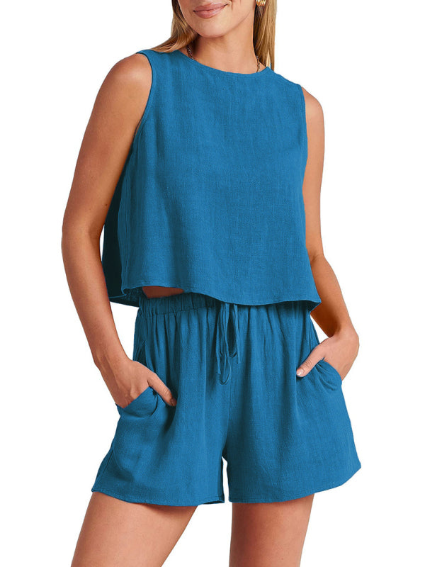 Women's woven solid color sleeveless loose cotton linen top shorts two-piece set-TOPS / DRESSES-[Adult]-[Female]-2022 Online Blue Zone Planet