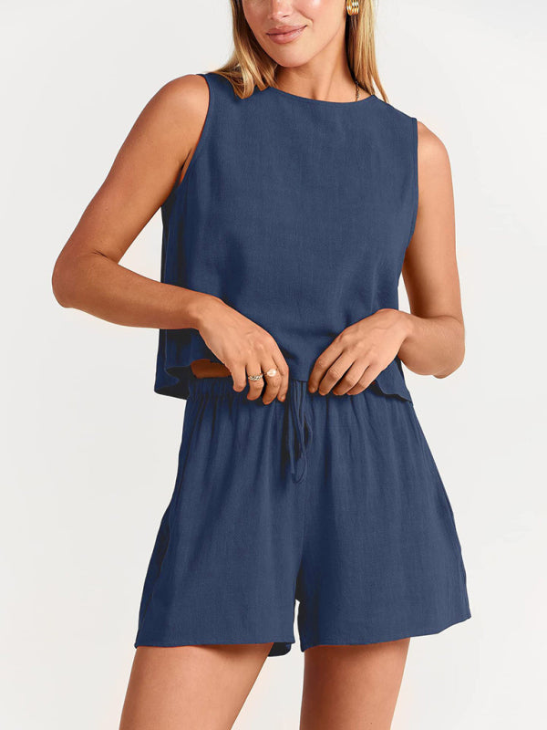 Women's woven solid color sleeveless loose cotton linen top shorts two-piece set-TOPS / DRESSES-[Adult]-[Female]-Champlain color-S-2022 Online Blue Zone Planet