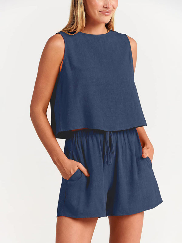 Women's woven solid color sleeveless loose cotton linen top shorts two-piece set-TOPS / DRESSES-[Adult]-[Female]-2022 Online Blue Zone Planet