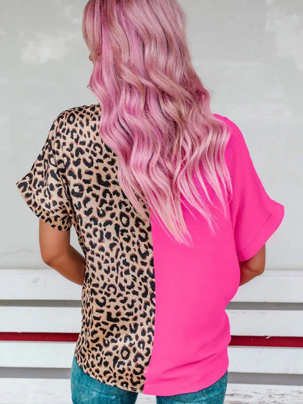 short-sleeved leopard print contrast color v-neck loose pullover-[Adult]-[Female]-2022 Online Blue Zone Planet
