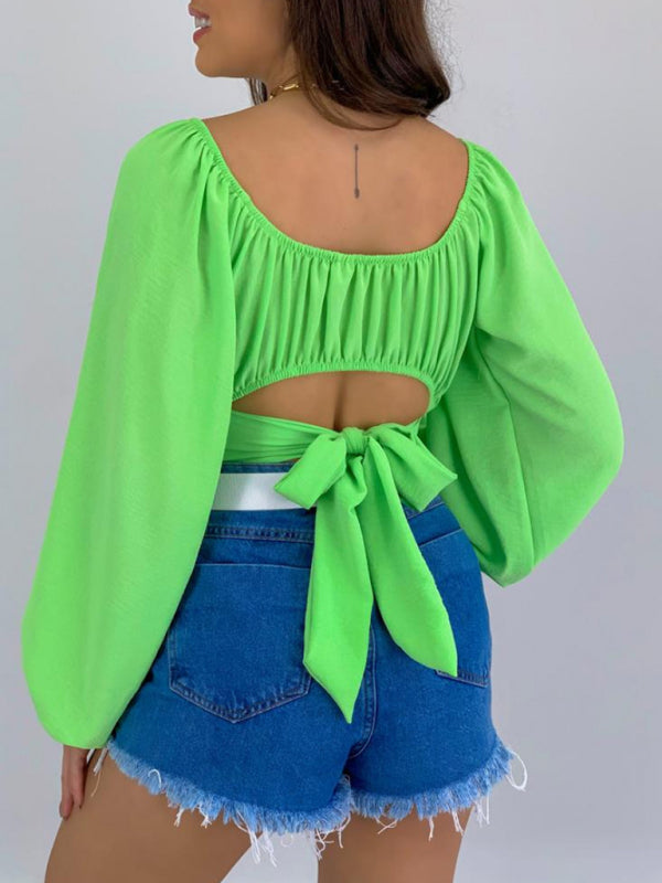 Blue Zone Planet | Solid Color One Shoulder Balloon Sleeve Top BLUE ZONE PLANET