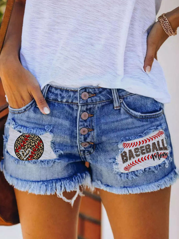 Button-breasted printed patch denim shorts with ripped fringed hot pants-TOPS / DRESSES-[Adult]-[Female]-2022 Online Blue Zone Planet