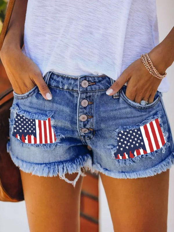 Button-breasted printed patch denim shorts with ripped fringed hot pants-TOPS / DRESSES-[Adult]-[Female]-Clear blue-S-2022 Online Blue Zone Planet