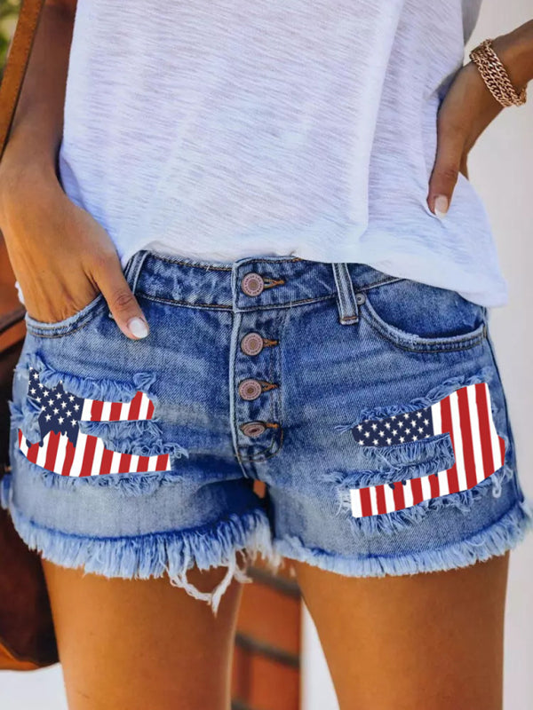 Button-breasted printed patch denim shorts with ripped fringed hot pants-TOPS / DRESSES-[Adult]-[Female]-2022 Online Blue Zone Planet