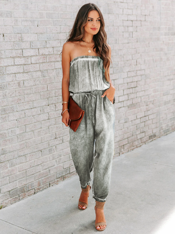 Blue Zone Planet | Wrapped Chest Washed Distressed Lace-Up Jumpsuit BLUE ZONE PLANET