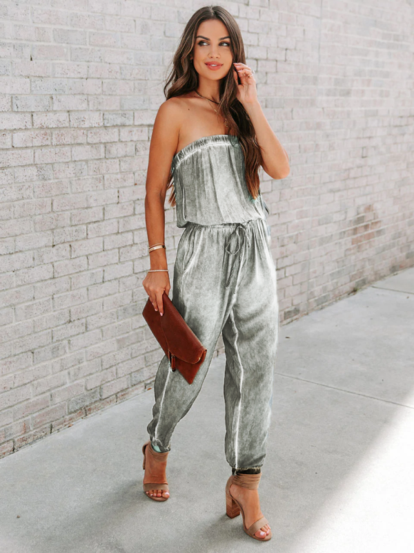 Blue Zone Planet | Wrapped Chest Washed Distressed Lace-Up Jumpsuit BLUE ZONE PLANET
