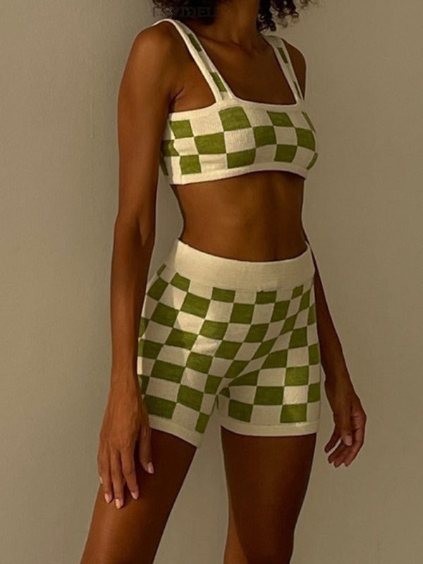 Women's Checkerboard Camisole + Shorts Two-Piece Set kakaclo