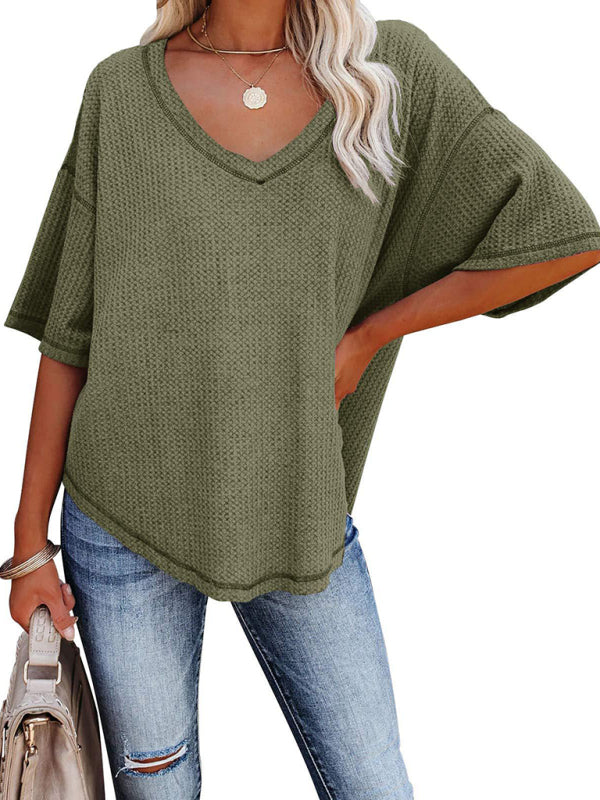 Blue Zone Planet | Ella's V Neck Dolman Sleeve Waffle Knit Loose Solid Color Short Sleeve T-Shirt-TOPS / DRESSES-[Adult]-[Female]-2022 Online Blue Zone Planet