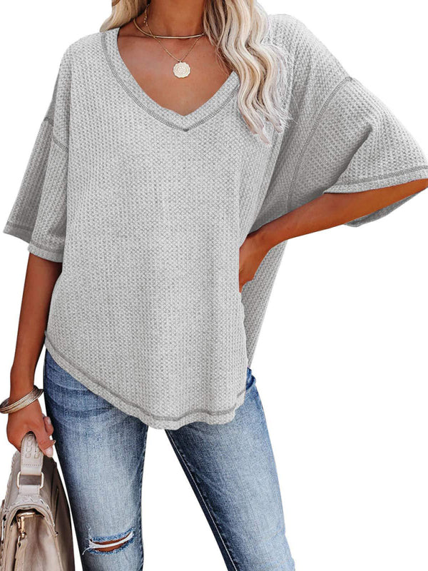 Blue Zone Planet | Ella's V Neck Dolman Sleeve Waffle Knit Loose Solid Color Short Sleeve T-Shirt-TOPS / DRESSES-[Adult]-[Female]-2022 Online Blue Zone Planet