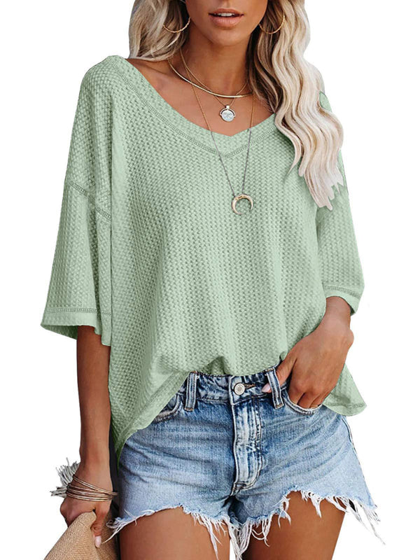 Blue Zone Planet | Ella's V Neck Dolman Sleeve Waffle Knit Loose Solid Color Short Sleeve T-Shirt-TOPS / DRESSES-[Adult]-[Female]-2022 Online Blue Zone Planet