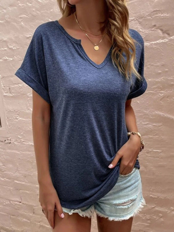 Solid color notched loose neckline loose short-sleeved t-shirt for women-[Adult]-[Female]-2022 Online Blue Zone Planet