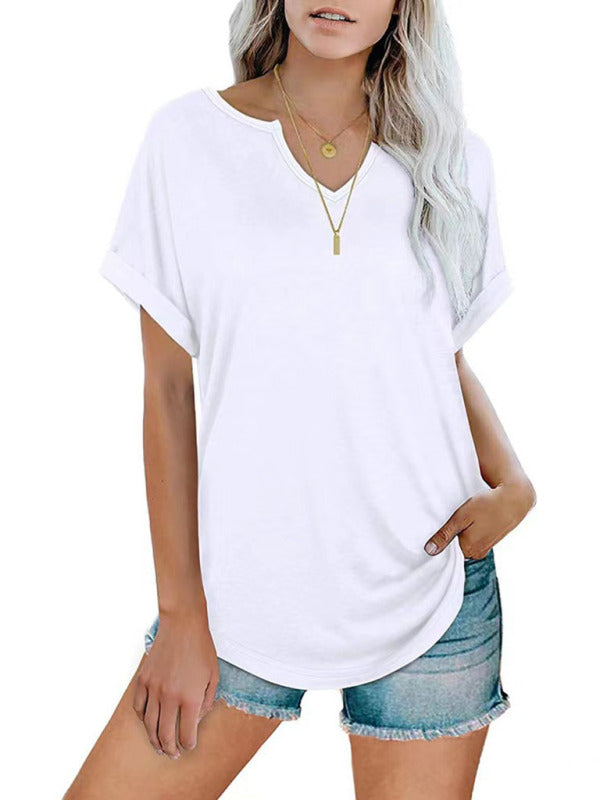 Solid color notched loose neckline loose short-sleeved t-shirt for women-[Adult]-[Female]-White-S-2022 Online Blue Zone Planet