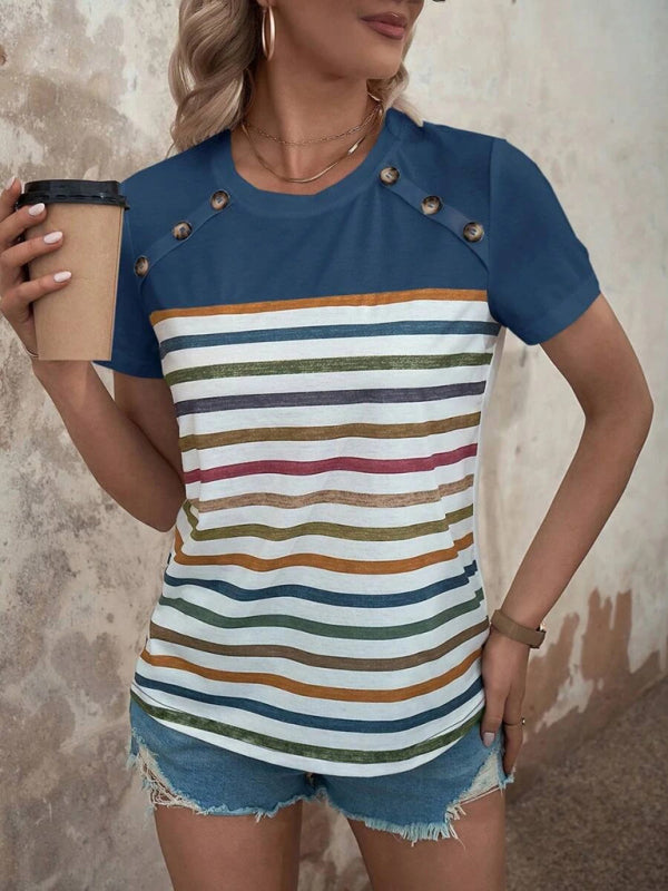 Stripe Print Button Short Sleeve Top BLUE ZONE PLANET