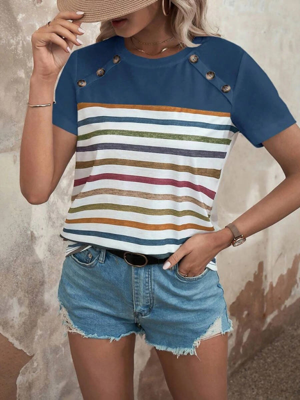 Stripe Print Button Short Sleeve Top BLUE ZONE PLANET