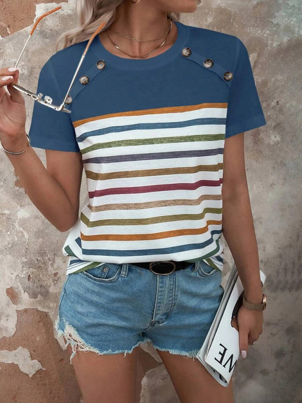 Stripe Print Button Short Sleeve Top BLUE ZONE PLANET