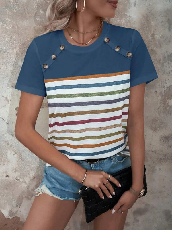 Stripe Print Button Short Sleeve Top BLUE ZONE PLANET