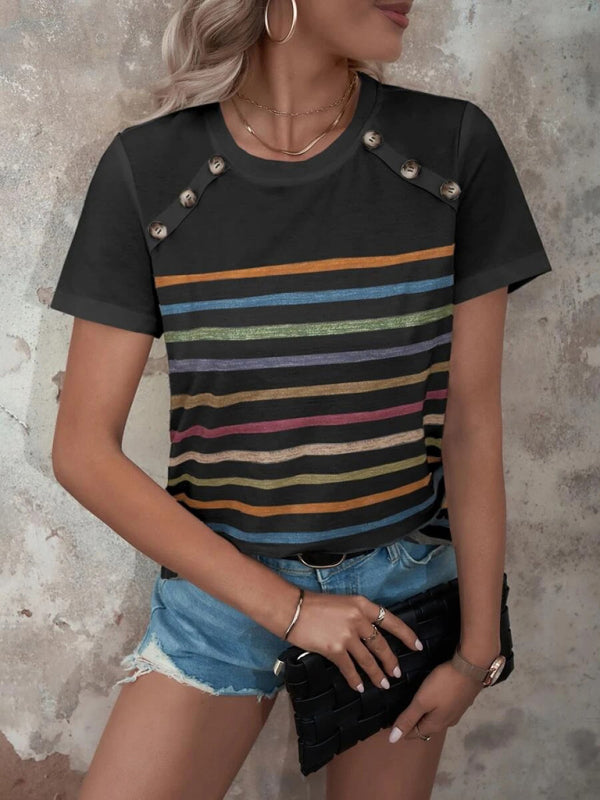 Blue Zone Planet | Stripe Print Button Short Sleeve Top BLUE ZONE PLANET