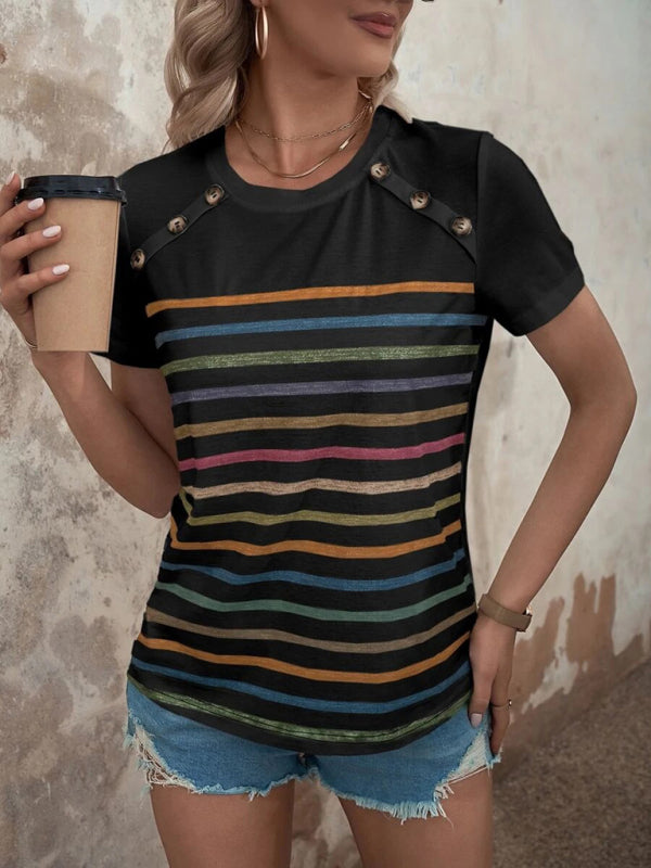 Blue Zone Planet | Stripe Print Button Short Sleeve Top BLUE ZONE PLANET