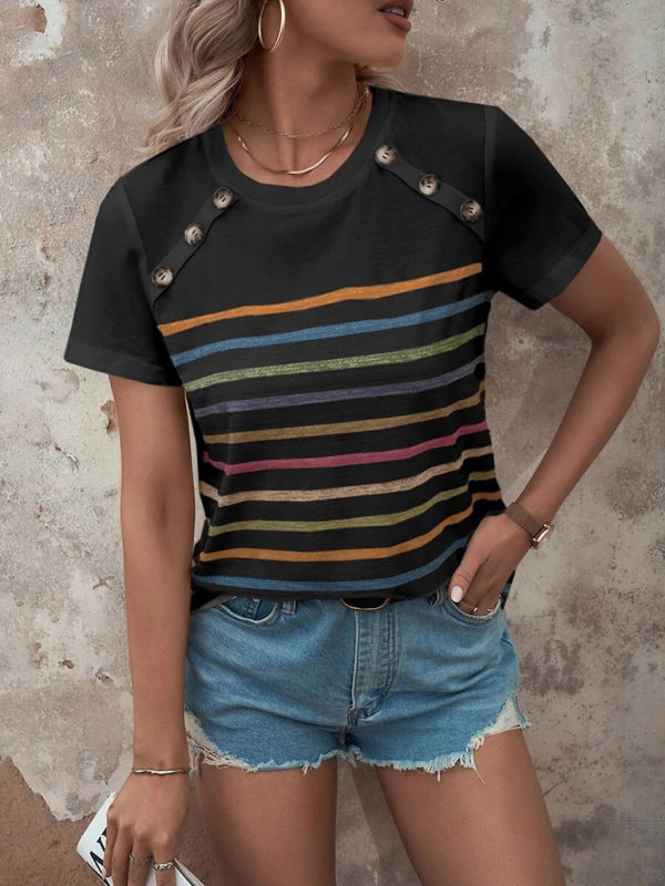 Blue Zone Planet | Stripe Print Button Short Sleeve Top BLUE ZONE PLANET