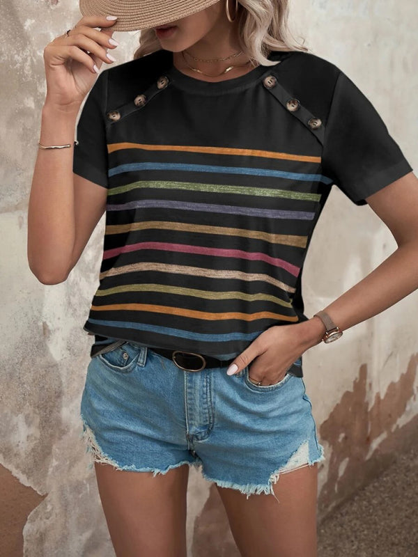 Stripe Print Button Short Sleeve Top BLUE ZONE PLANET