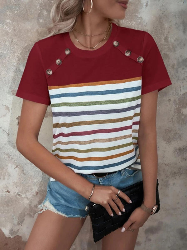 Blue Zone Planet | Stripe Print Button Short Sleeve Top BLUE ZONE PLANET
