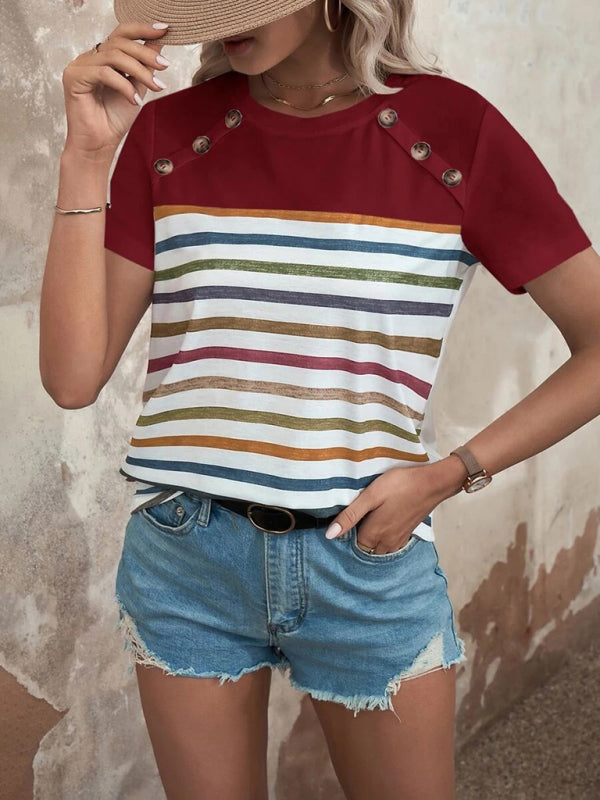 Stripe Print Button Short Sleeve Top BLUE ZONE PLANET