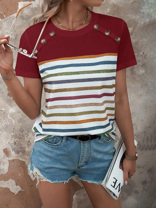 Stripe Print Button Short Sleeve Top BLUE ZONE PLANET