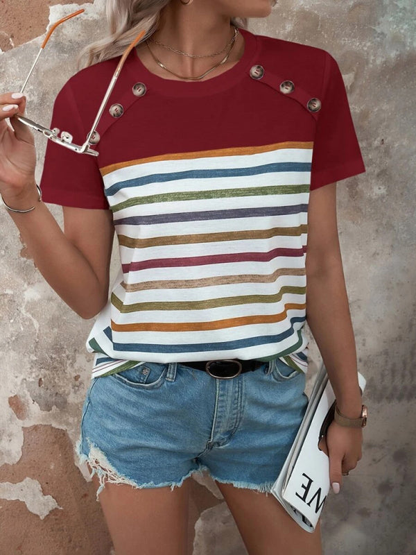 Blue Zone Planet | Stripe Print Button Short Sleeve Top BLUE ZONE PLANET