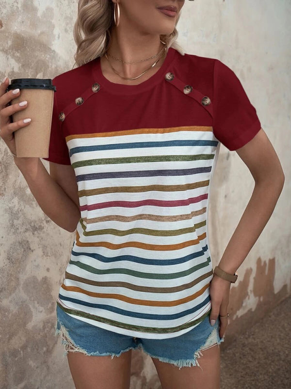Blue Zone Planet | Stripe Print Button Short Sleeve Top BLUE ZONE PLANET