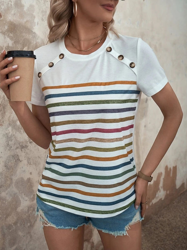 Stripe Print Button Short Sleeve Top BLUE ZONE PLANET