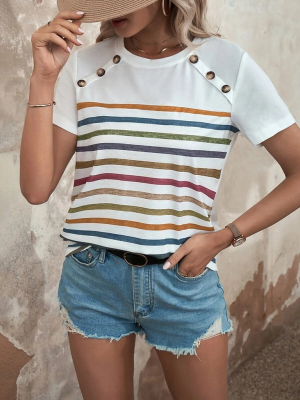 Stripe Print Button Short Sleeve Top BLUE ZONE PLANET